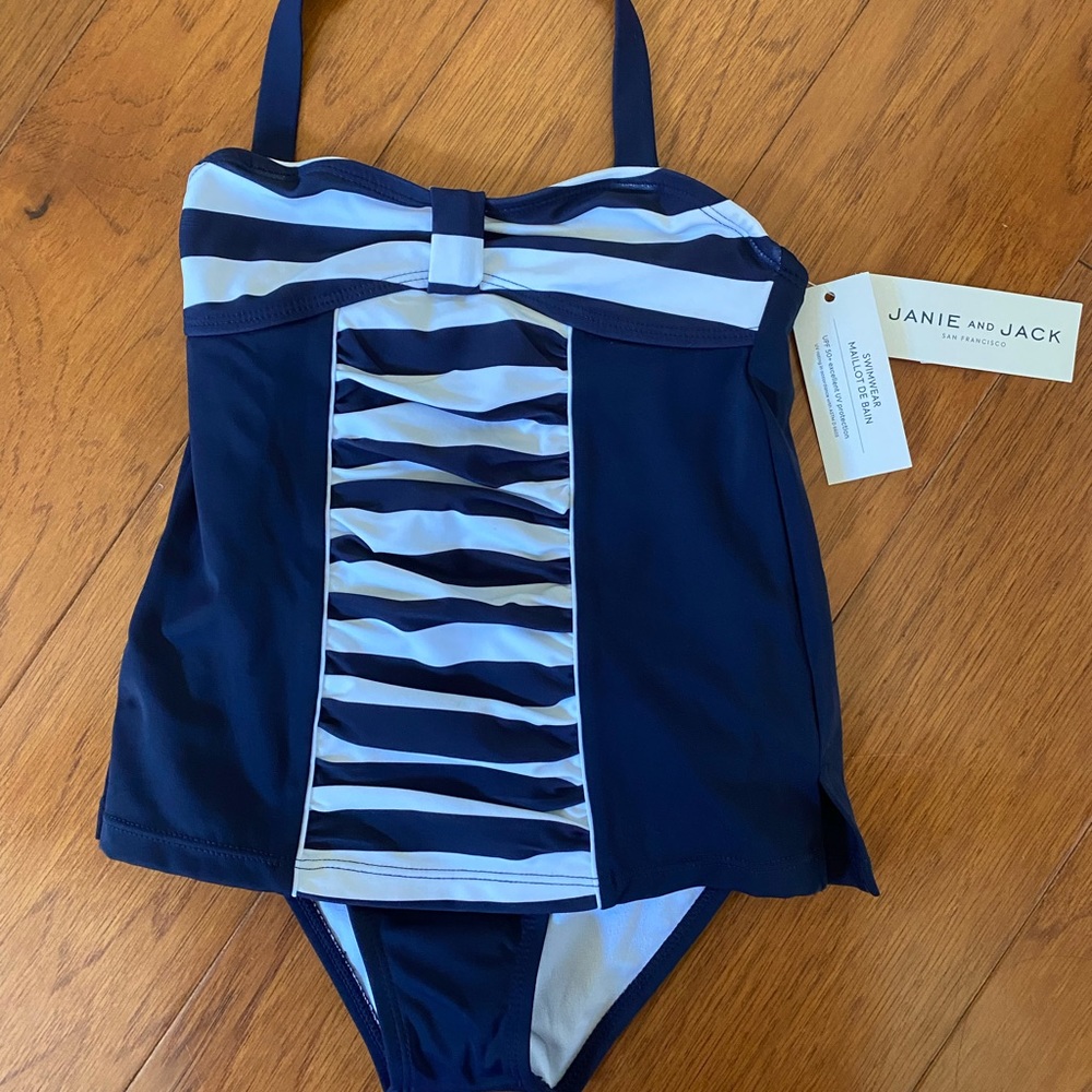 Janie and Jack Girls Navy/white one piece girls bathing suit/Swimsuit size 6